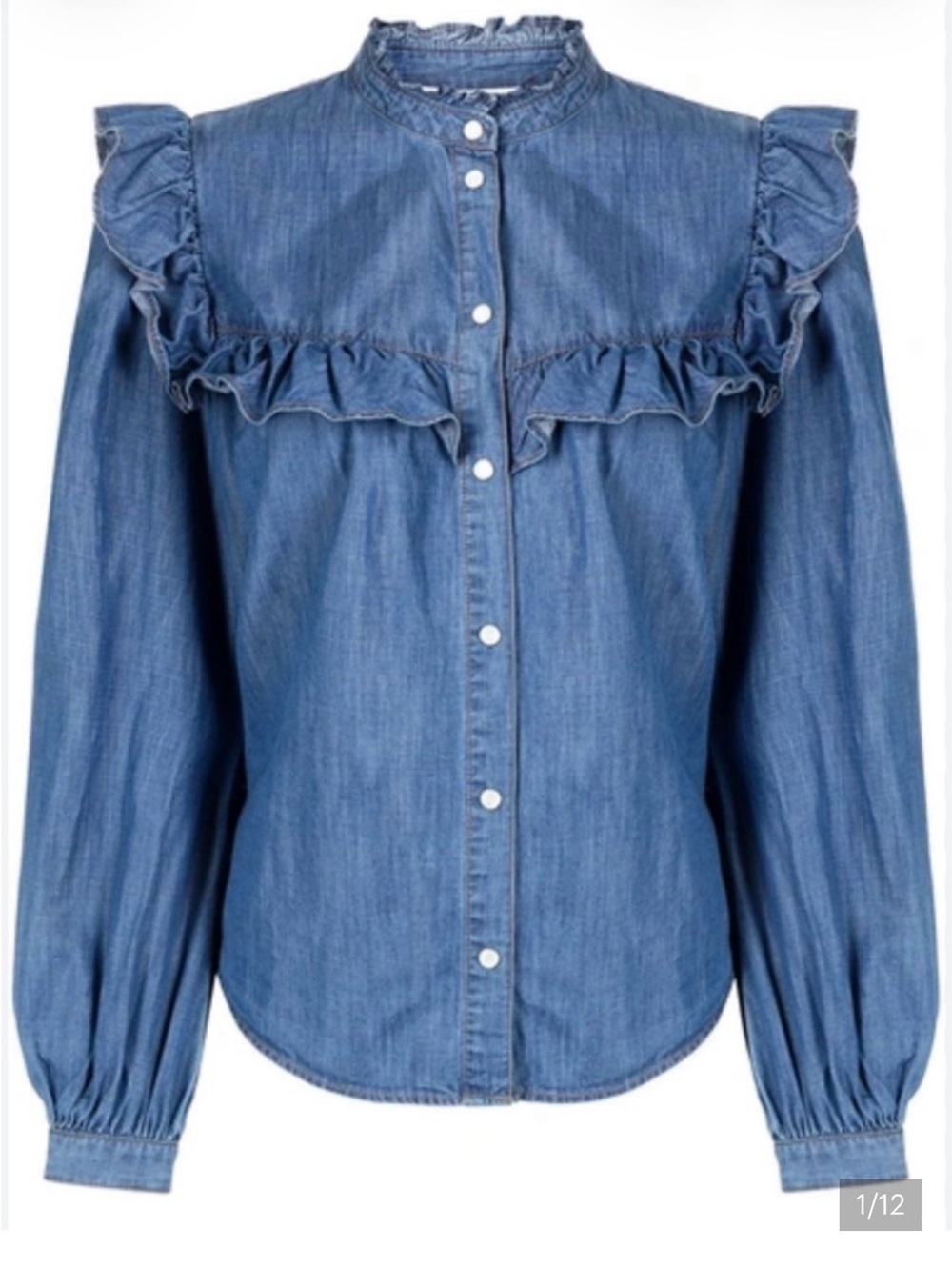 Veronica Beard Pearl Snap Ruffle Denim Top